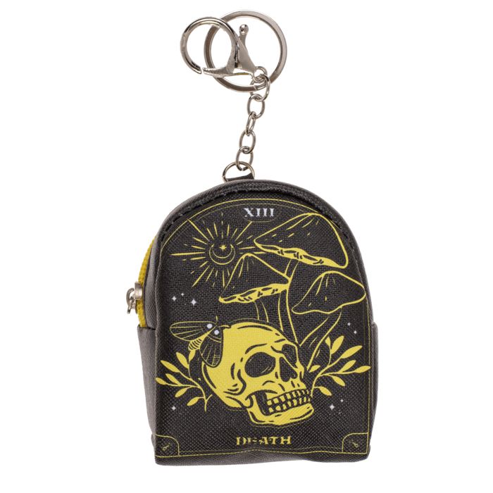 Zwart mini-portemonnee met gele doodskop, paddenstoelen en opschrift "DEATH". Met sleutelhanger.