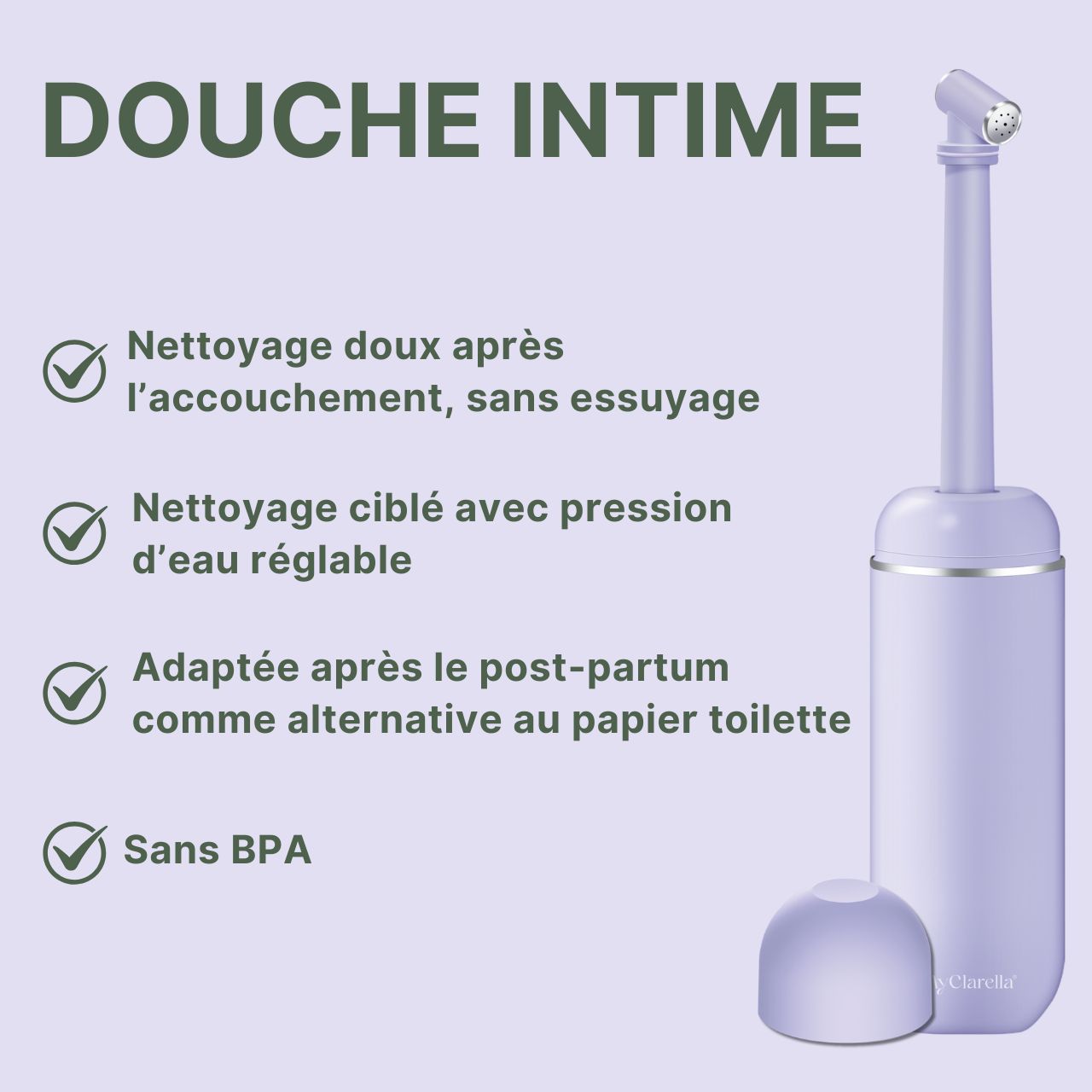 Douche intime. Nettoyage doux après l'accouchement. Nettoyage ciblé avec pression d'eau réglable. Sans BPA.