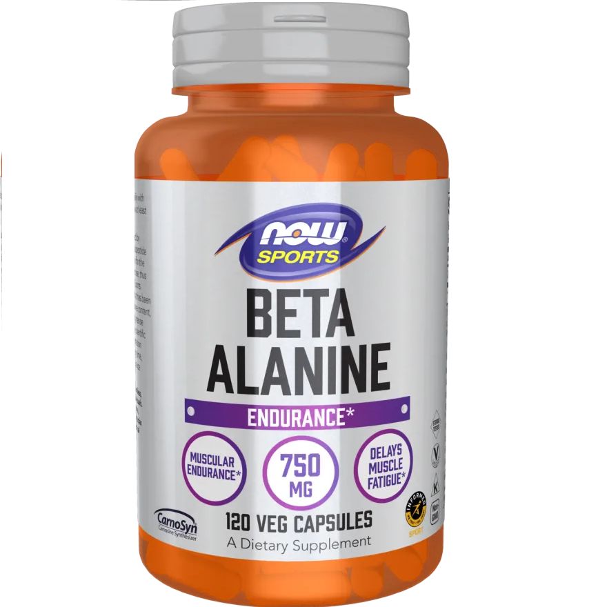 Flacon orange avec bouchon blanc. Inscription: Beta Alanine, 750 mg, 120 gélules végétales. Marque: NOW SPORTS.