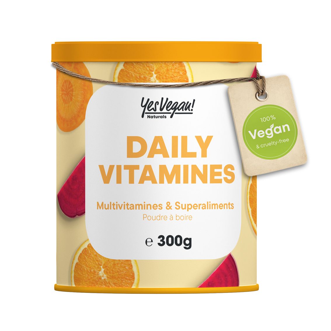 Boîte de poudre de vitamines avec étiquette. Inscription : Daily Vitamins, e 300 g. Motif oranges et betteraves. Label vegan.