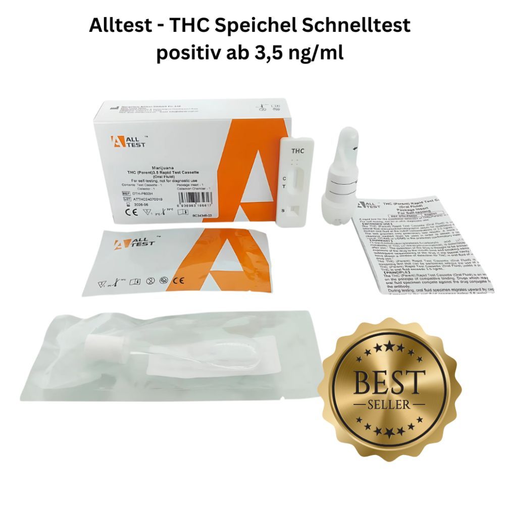 Kit de test avec cassette, récipient, instructions et certification. Inscription : Alltest - THC Speichel Schnelltest.