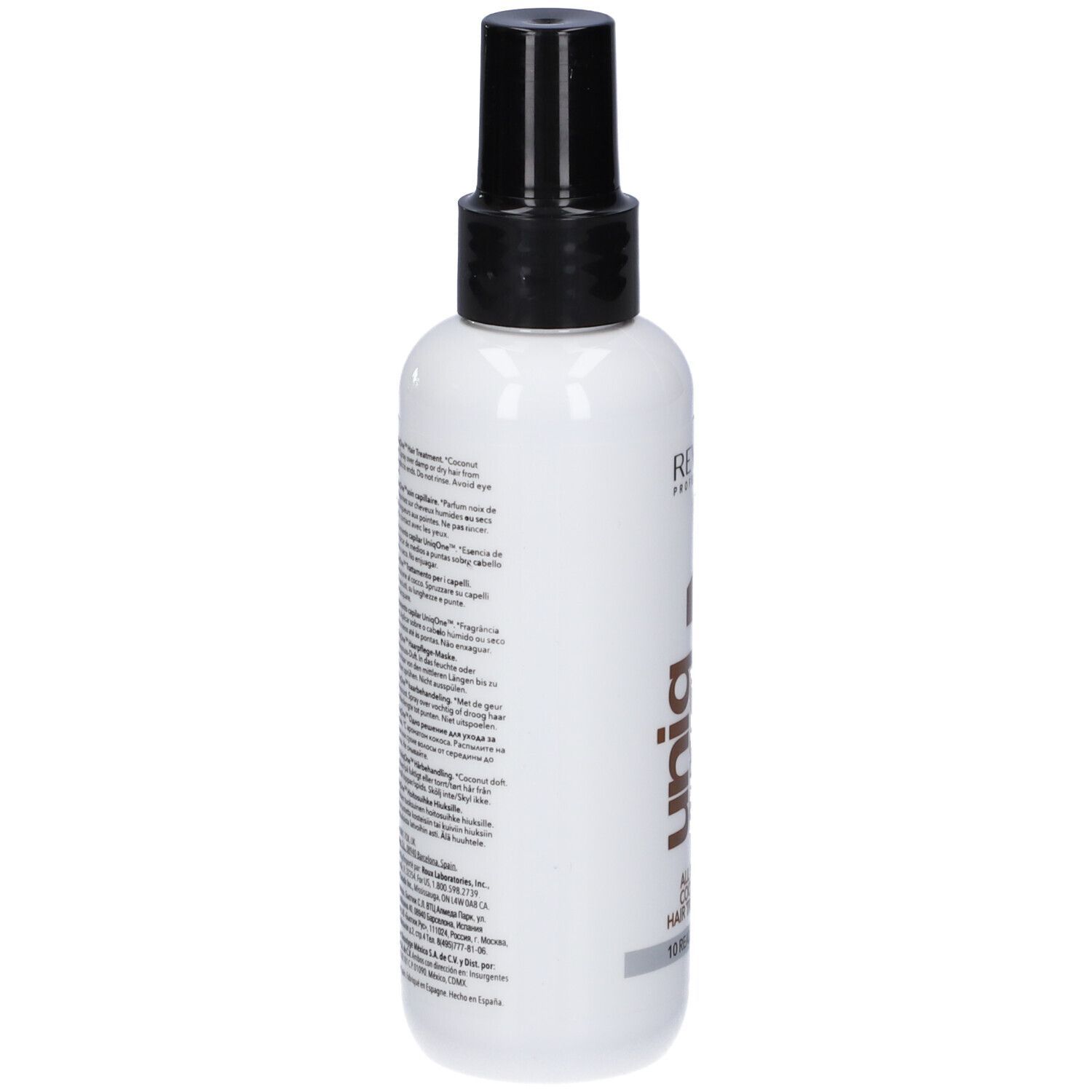 Flacon de spray capillaire blanc, bouchon noir. Texte: Revlon, Uniq One, All in One Coconut Hair Treatment.