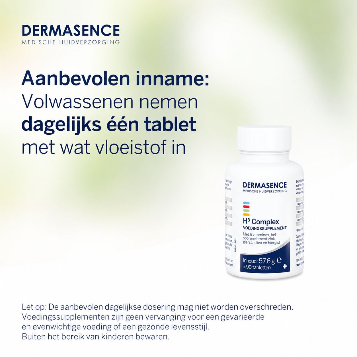 Een witte fles met Dermasence H³ Complex voedingssupplementen, 90 tabletten.