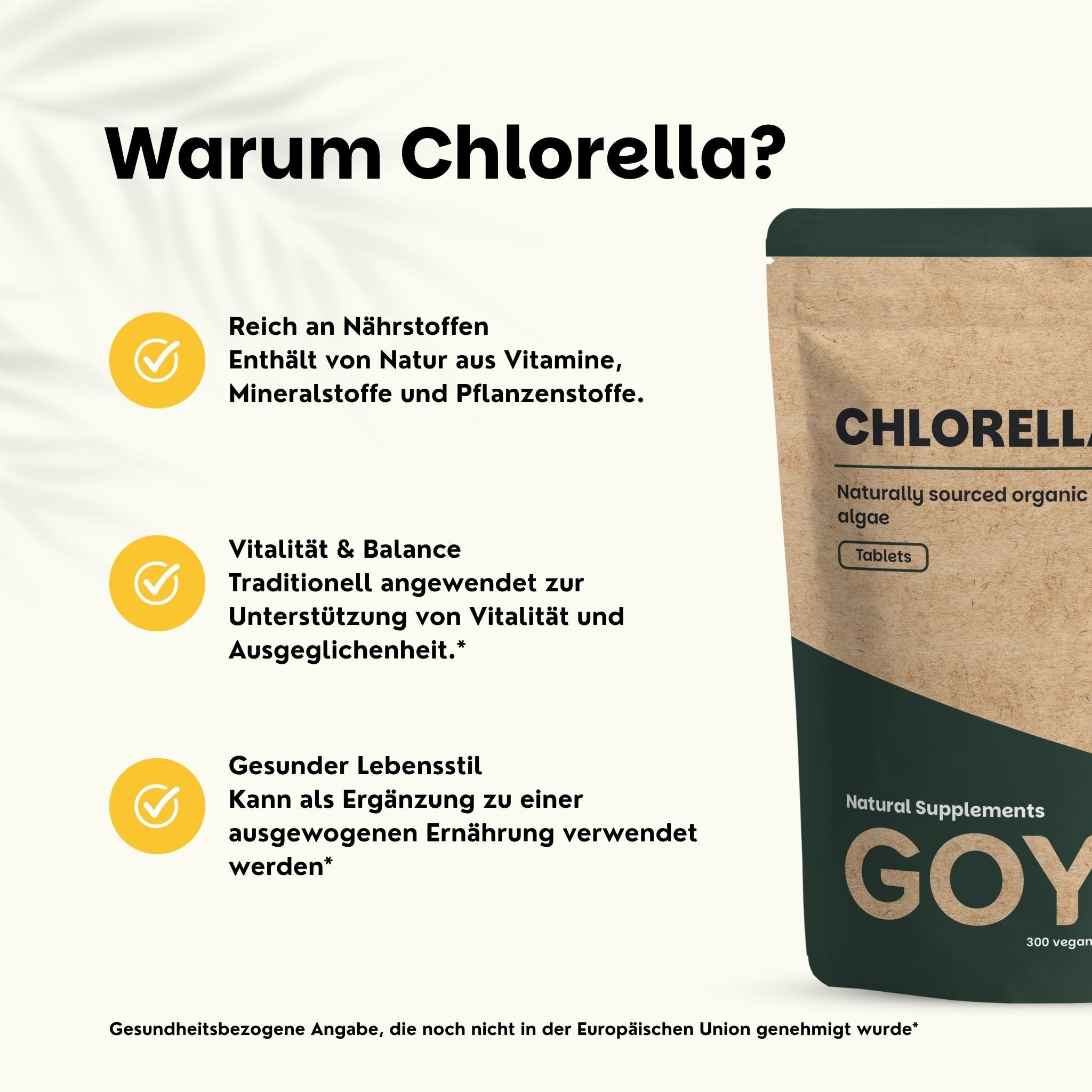 Comprimés de Chlorella dans un sachet en papier brun avec inscription verte. "CHLORELLA" et "GOYA" sont visibles.