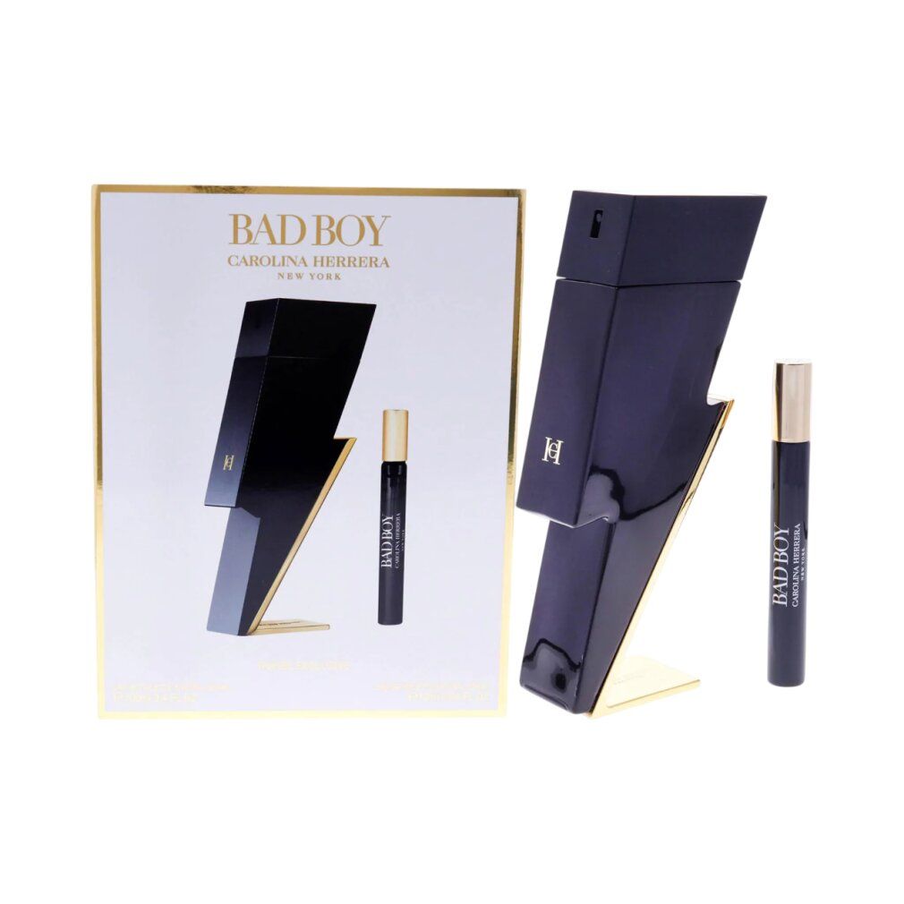 Coffret Carolina Herrera Bad Boy : flacon éclair noir, petit roll-on et emballage.