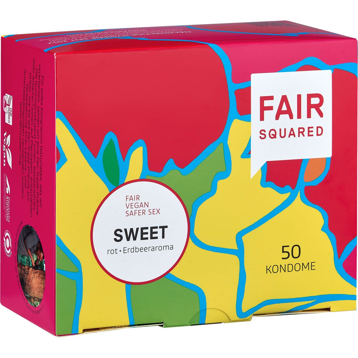 Boîte de 50 préservatifs Fair Squared, saveur Sweet, arôme fraise.