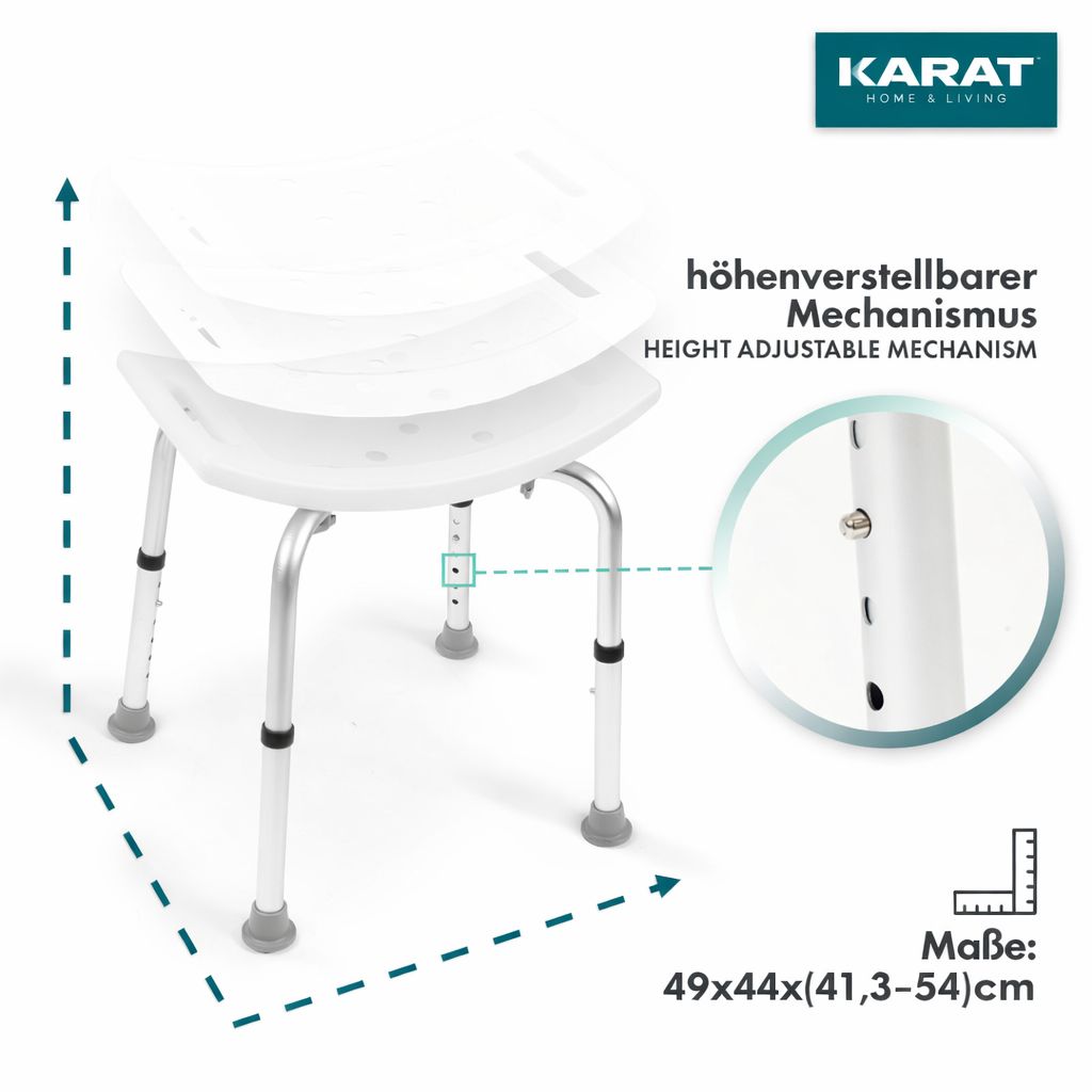 Tabouret de douche blanc, pieds argentés. Mécanisme réglable en hauteur. Dimensions : 49x44x(41,3-54)cm.