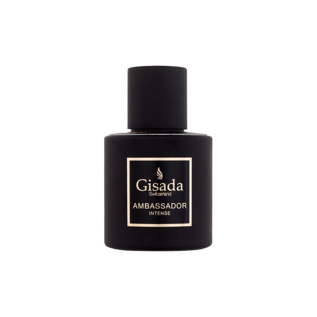 Zwarte fles met gouden tekst. Opschrift: Gisada Ambassador Intense. Zwarte dop. Rechthoekige vorm.