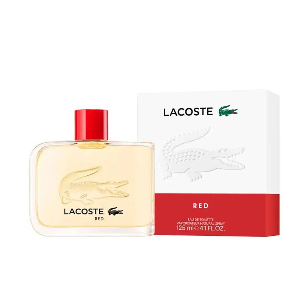 Lacoste Eau de Toilette Touche Rouge fles met rode dop en krokodil reliëf. Doos met krokodil logo.