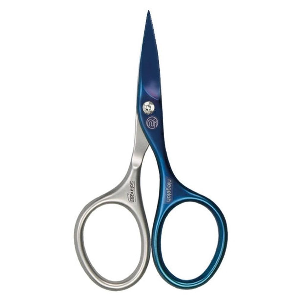 Ciseaux à ongles Niegeloh Solingen, acier bleu et argent. Anneaux et lames argentés, poignées bleues.