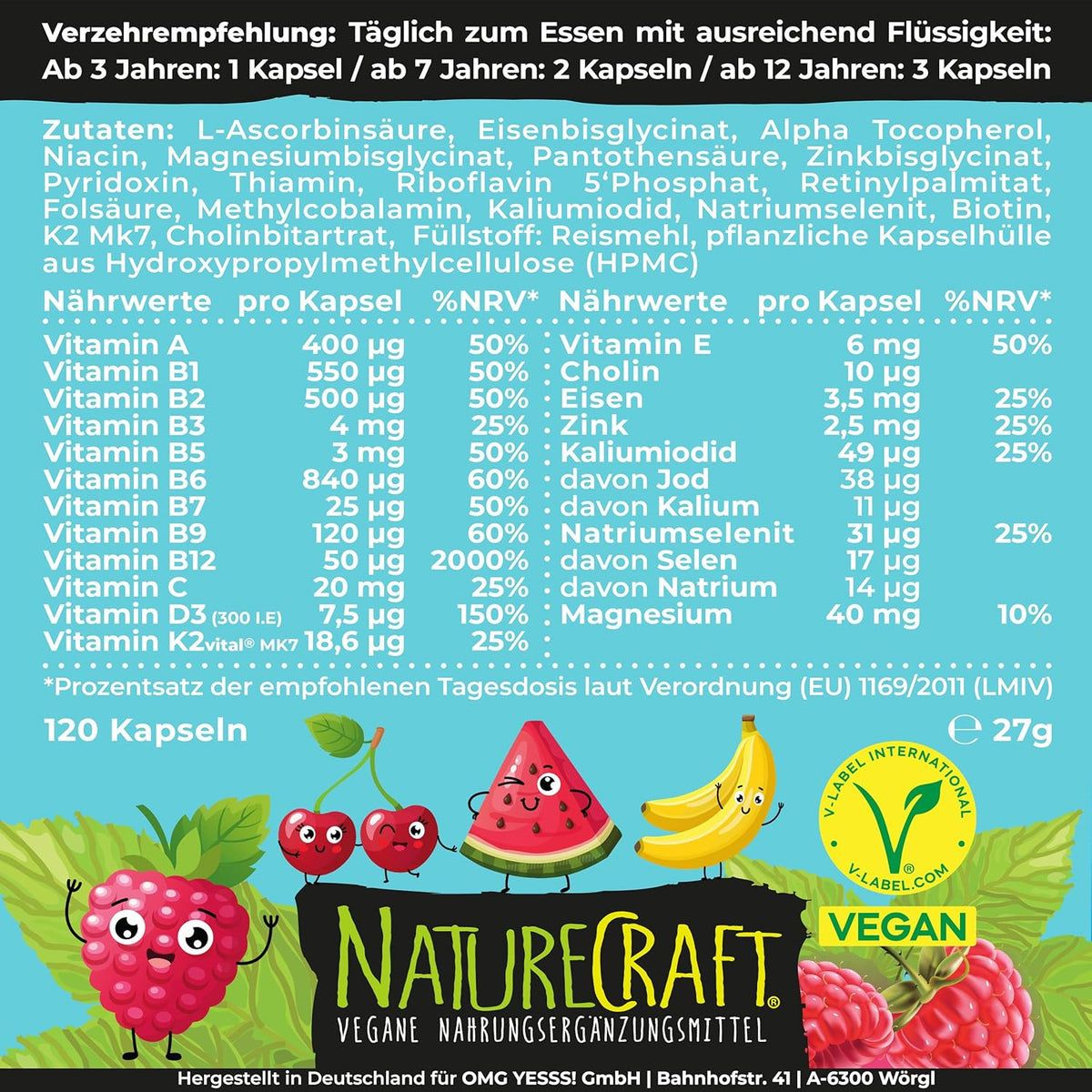 Productinformatie. Ingrediënten, voedingswaarden per capsule, %ADH. Opdruk "Vegan Kids Multi Vitamin" en fruit. V-Label Vegan.