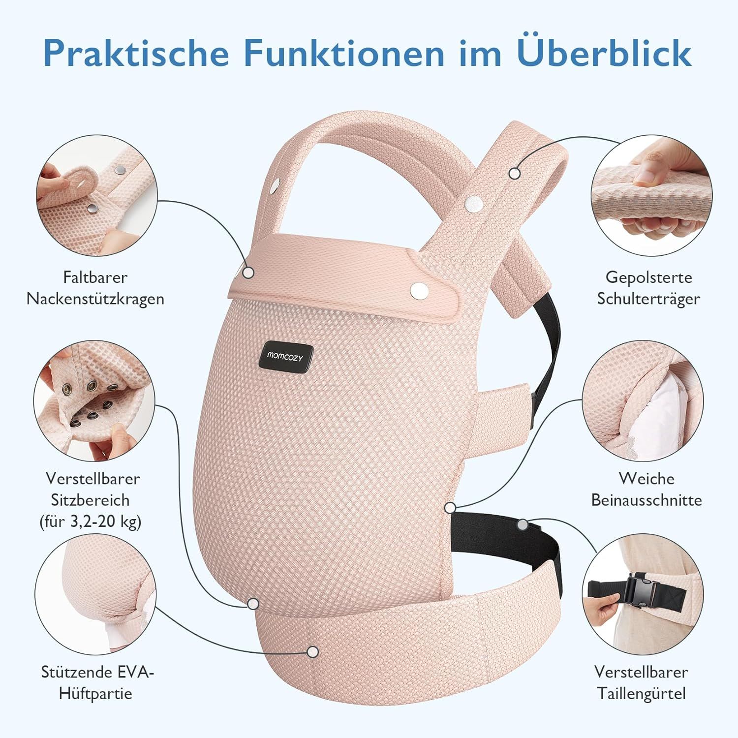 Roze babydrager met kenmerken: nekkussen, schouderbanden, beenopeningen, heupdeel, heupband.