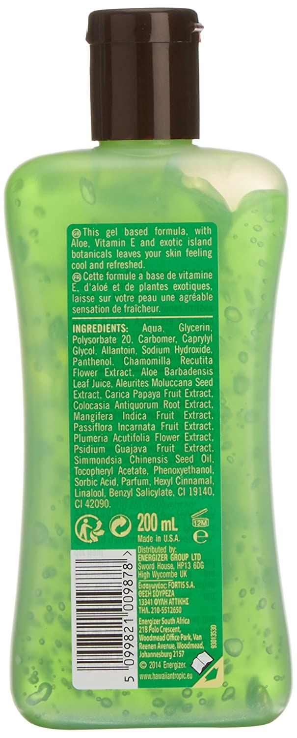 Dos d'un flacon vert. Texte: ingrédients, 200 ml, informations fabricant, code-barres.