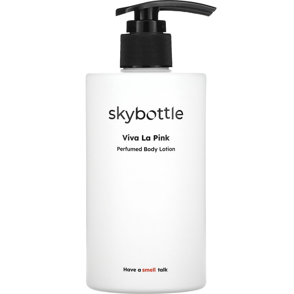 Witte fles met zwarte pomp. Opschrift: skybottle, Viva La Pink, Perfumed Body Lotion. Onderschrift: Have a smell talk.