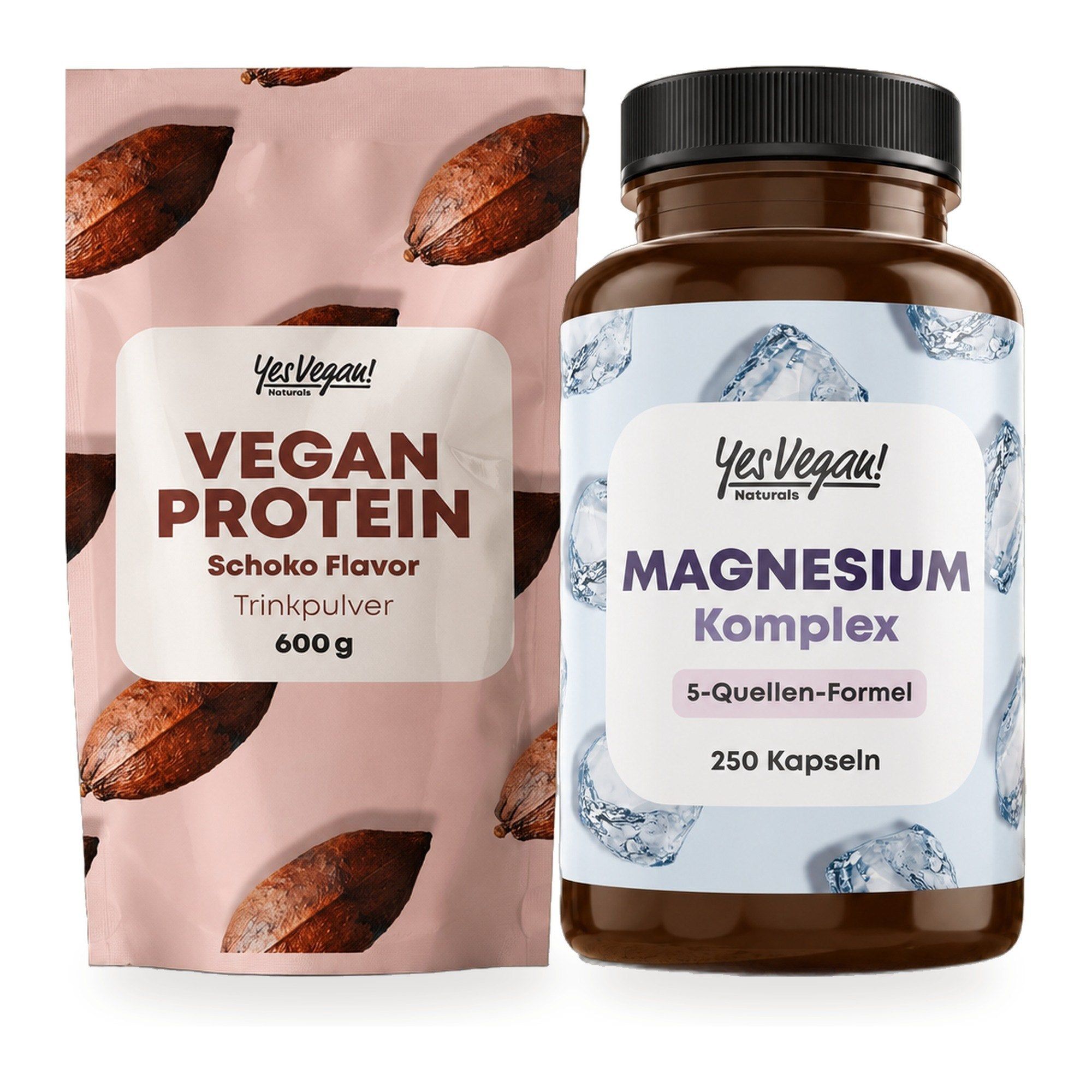 Yes Vegan Magnesium Complex (250 capsules), Vegan Protein Chocolade (600g poeder) en een shaker.