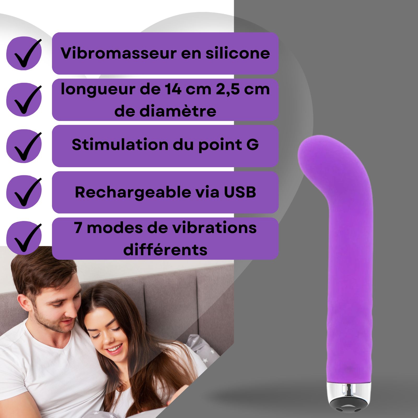 Vibrateur violet. Texte sur panneau violet : silicone, 14cm, 2,5cm diamètre, point G, USB, 7 modes.
