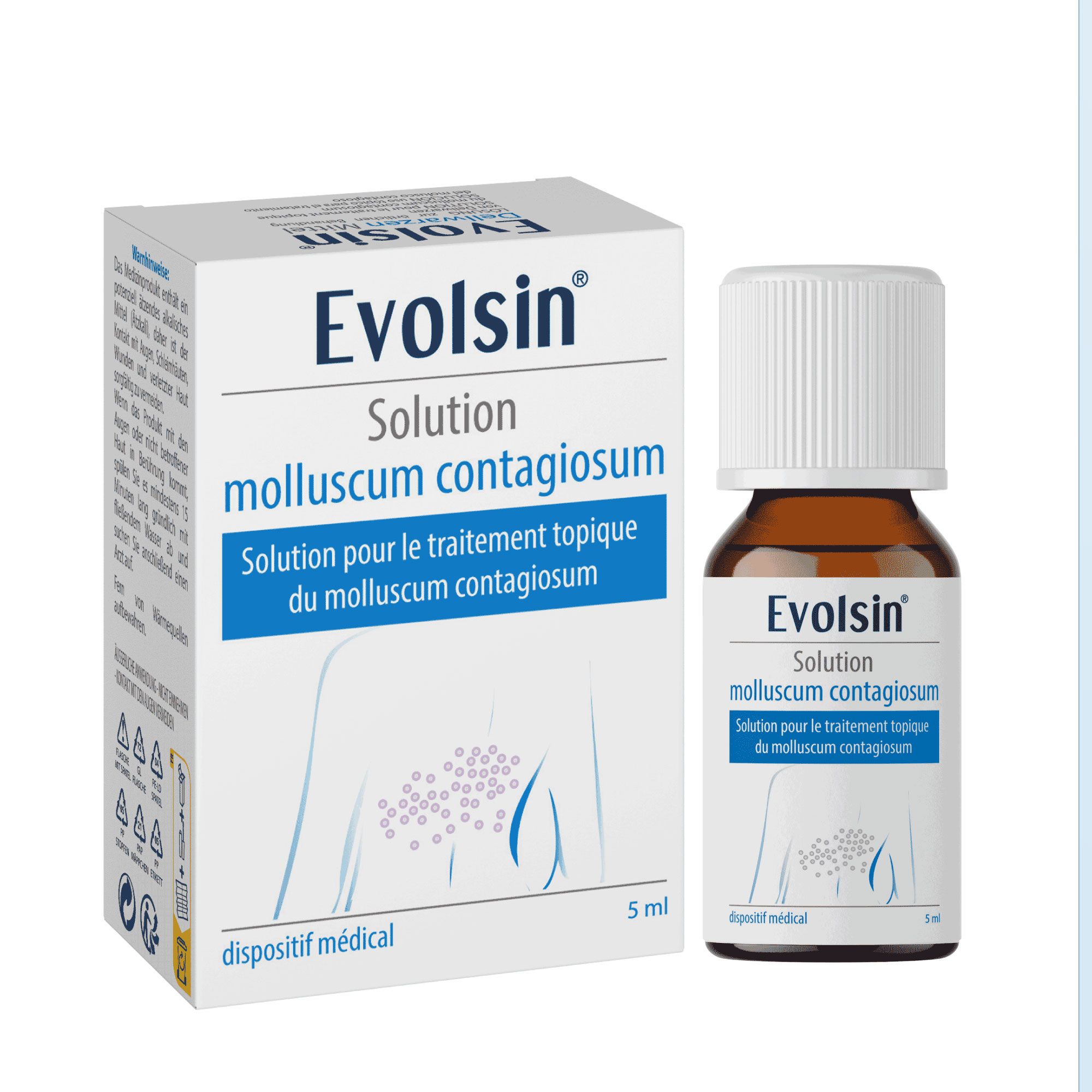 Image du produit. Evolsin Solution, flacon et boîte. 5 ml. Solution pour le traitement des molluscum contagiosum.