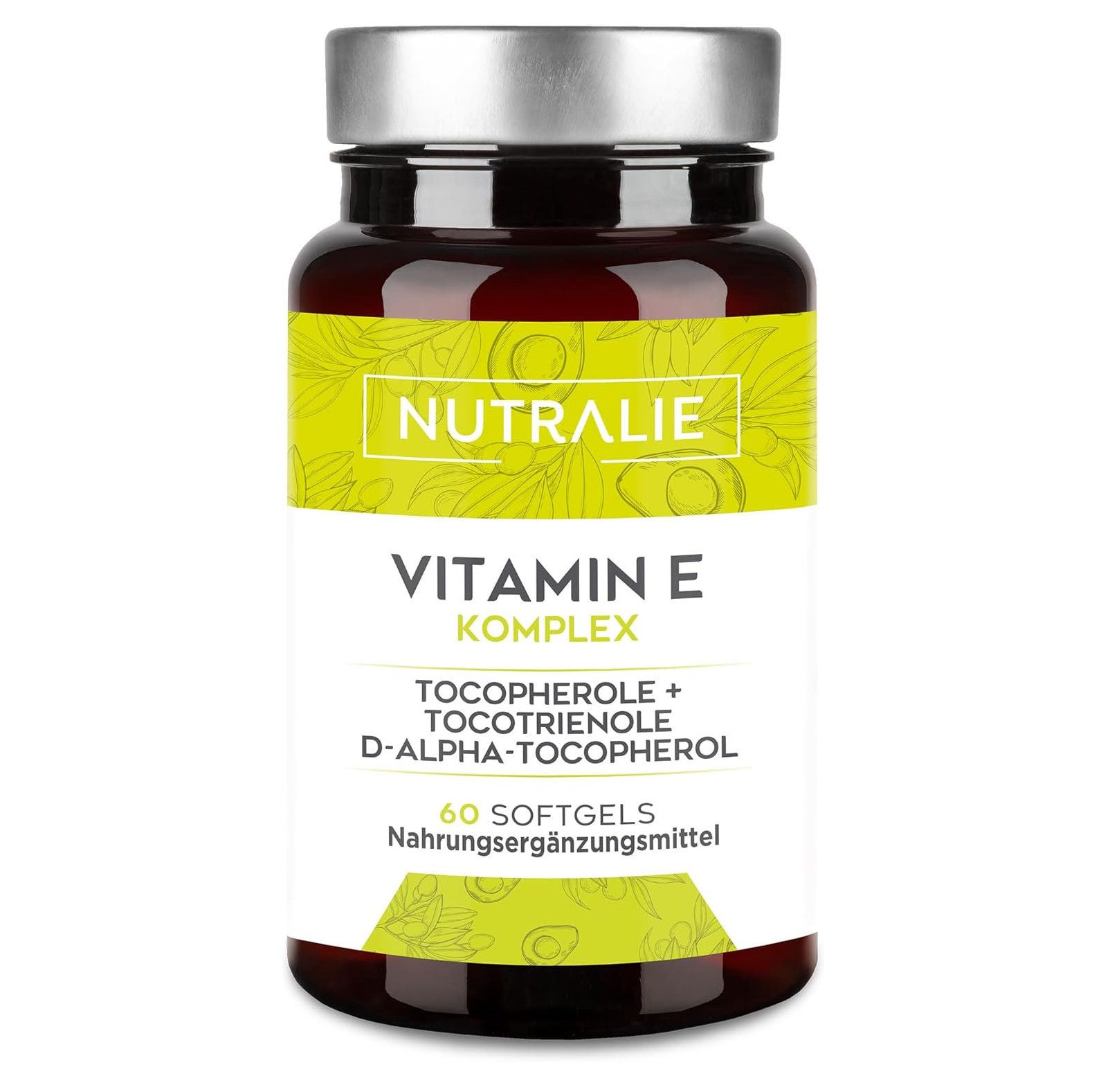 Bruine glazen fles met Nutralie Vitamin E Kapseln. Opschrift: Vitamin E Komplex, Tocopherole + Tocotrienole, D-alpha-Tocopherol.