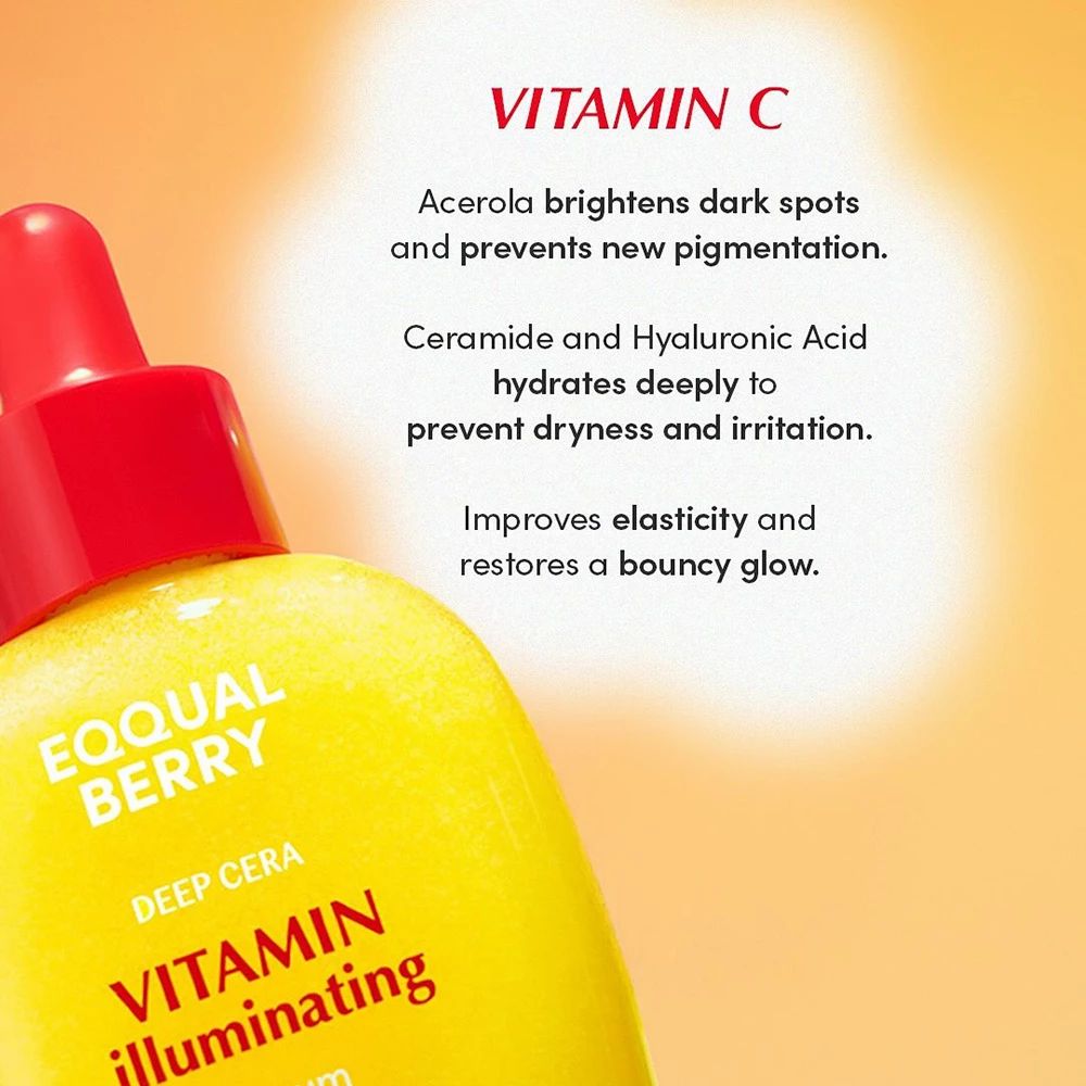Close-up van een gele fles met rode dop. Opschrift: EQQUAL BERRY, Vitamin illuminating Serum.
