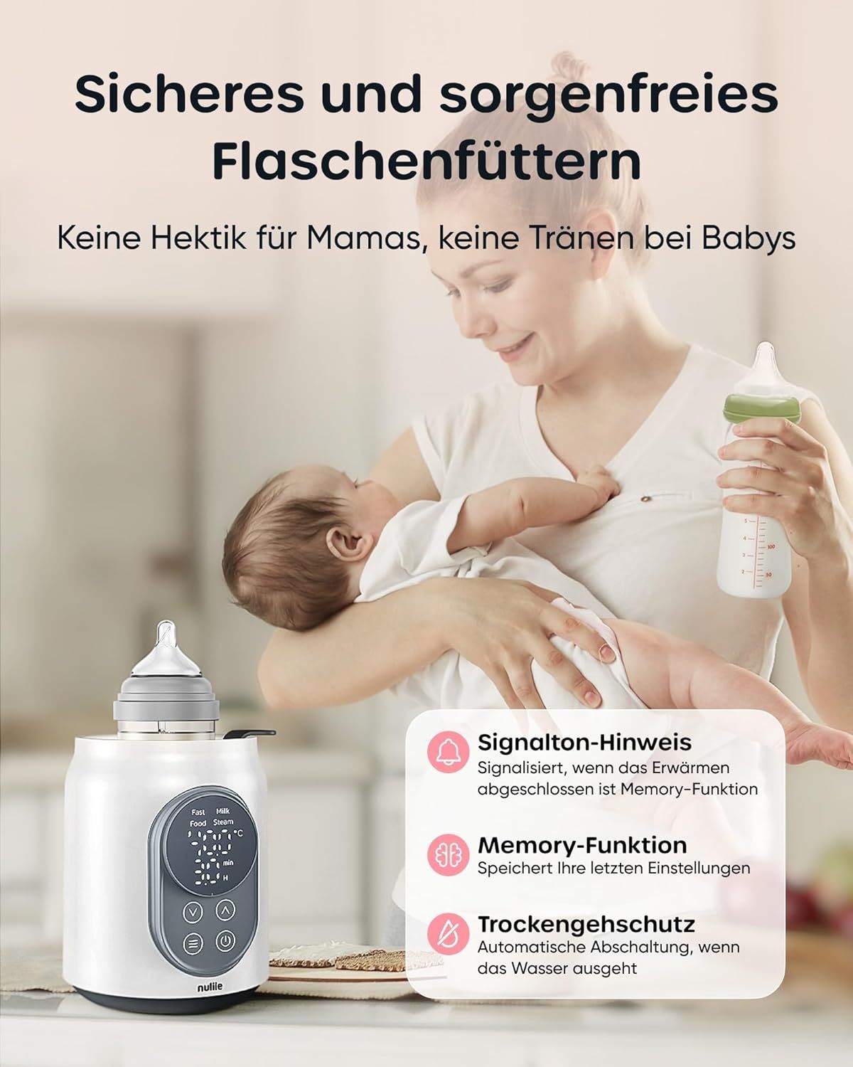 Nuliie flessenwarmer: geluidssignaal, geheugenfunctie, droogkookbeveiliging. Moeder houdt baby vast.
