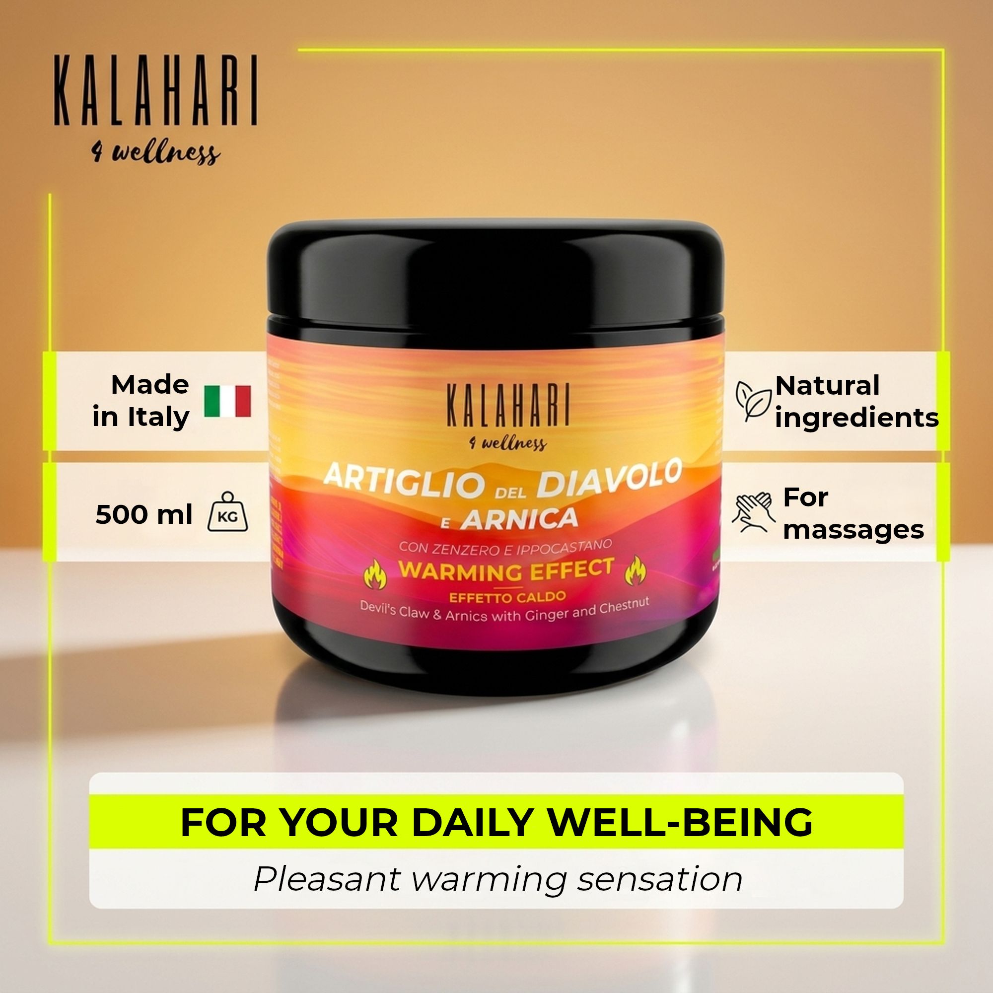 Pot: Gemaakt in Italië, 500ml, natuurlijke ingrediënten, voor massages.