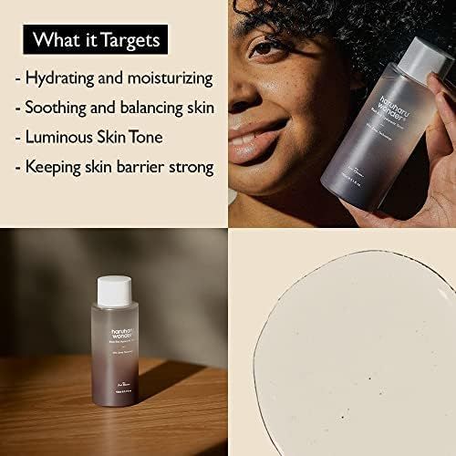Une personne tient un flacon de toner. Texte à côté : Hydrater, apaiser, améliorer le teint. Inscription : Haruharu wonder.