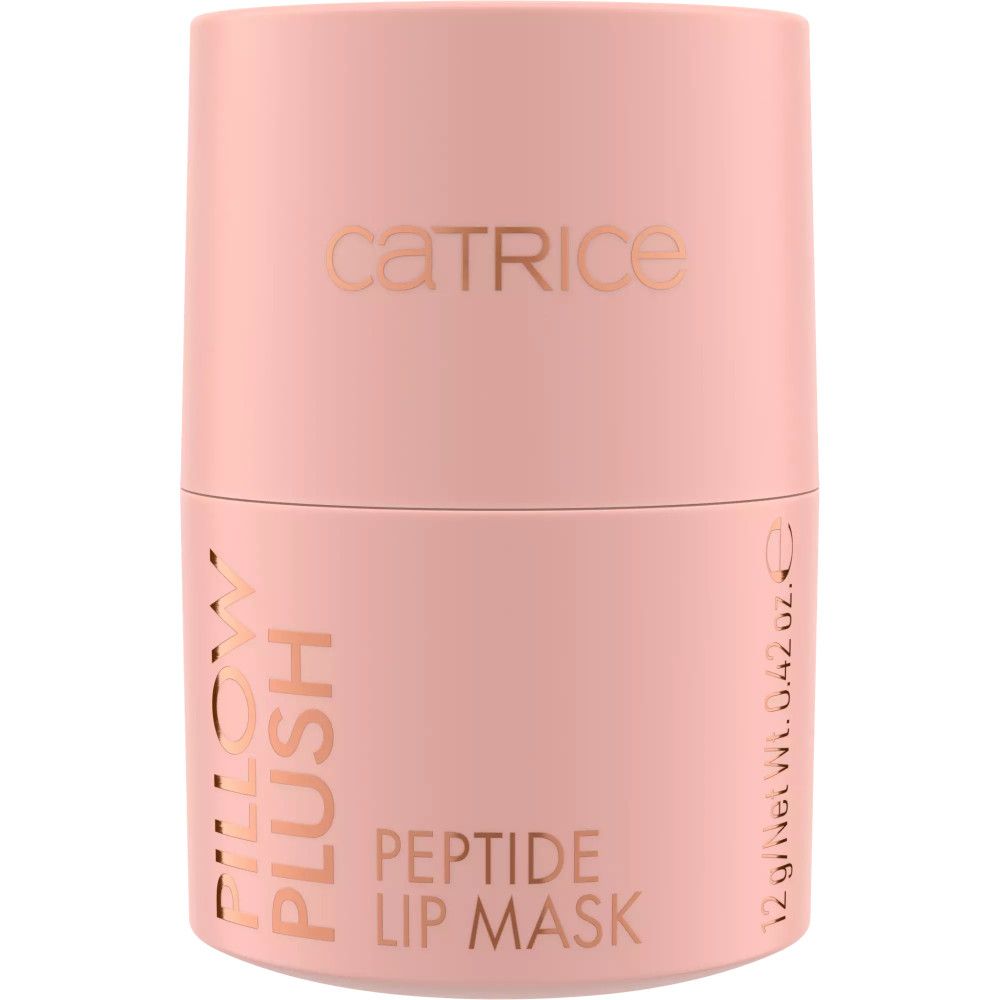 Emballage rose pour masque à lèvres. Inscriptions : CATRICE, PILLOW PLUSH, PEPTIDE LIP MASK. Poids : 12 g/0,42 oz.