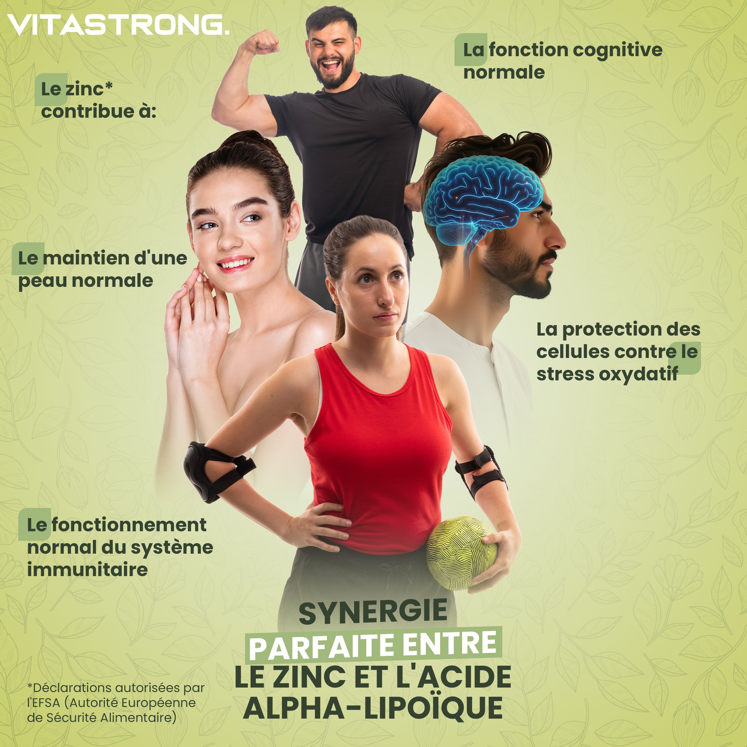 Afbeelding met mensen en tekst. Tekst: Zink en Alfa-Liponzuur. Voordelen voor de gezondheid.