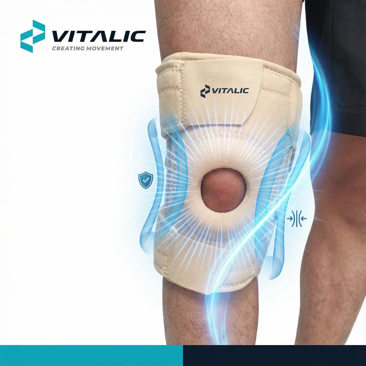 Genouillère beige avec logo VITALIC. Symboles de protection et de stabilité.
