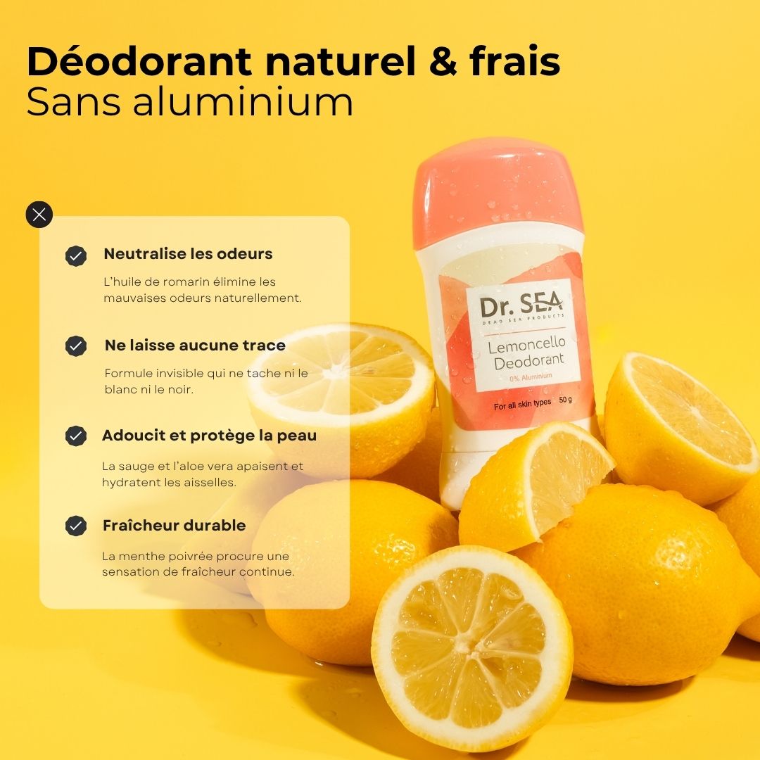 Fond jaune avec citrons et stick de déodorant. Texte : Déodorant naturel & frais. Sans aluminium. Avantages.