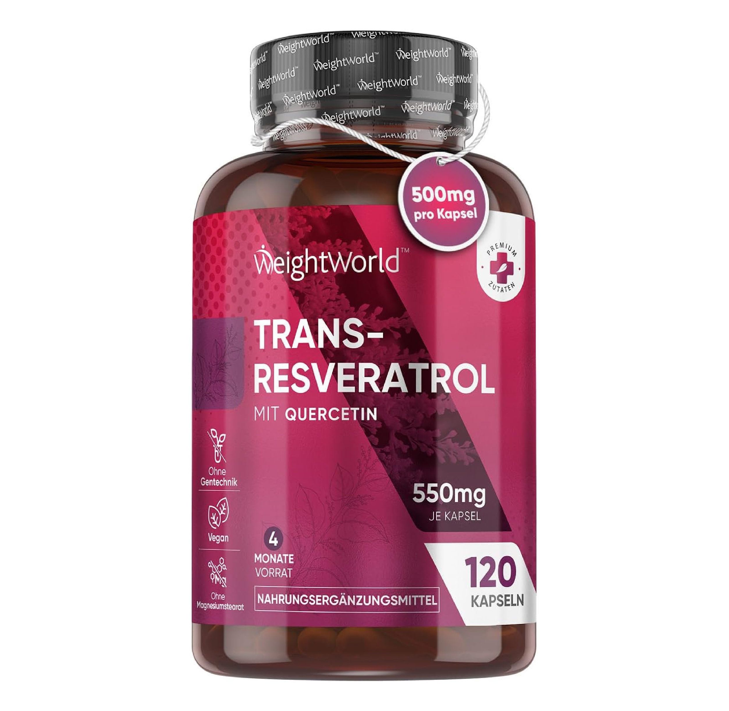 Flacon brun de gélules. Inscription: Trans-Resvératrol avec quercétine, 550mg, 120 gélules. Marque: WeightWorld.
