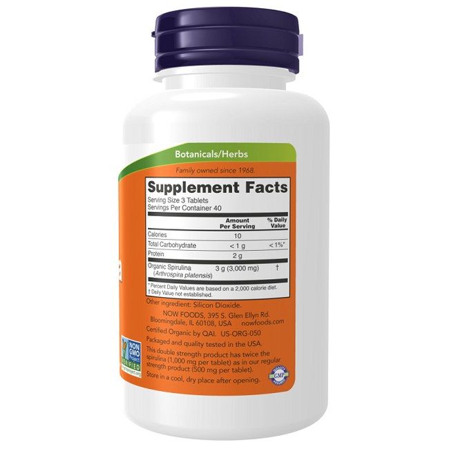 Achterkant van de NOW Foods Bio Spirulina Dubbele Sterkte 1000 mg fles met voedingsfeiten en bio-certificeringen.