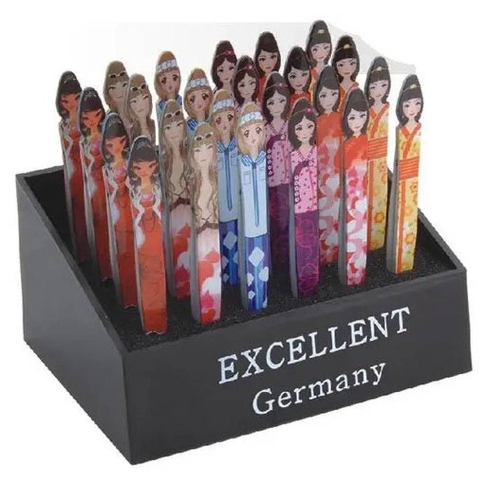 Présentoir noir avec 24 pinces à épiler décorées de visages féminins. Texte "EXCELLENT Germany" en blanc sur le devant.