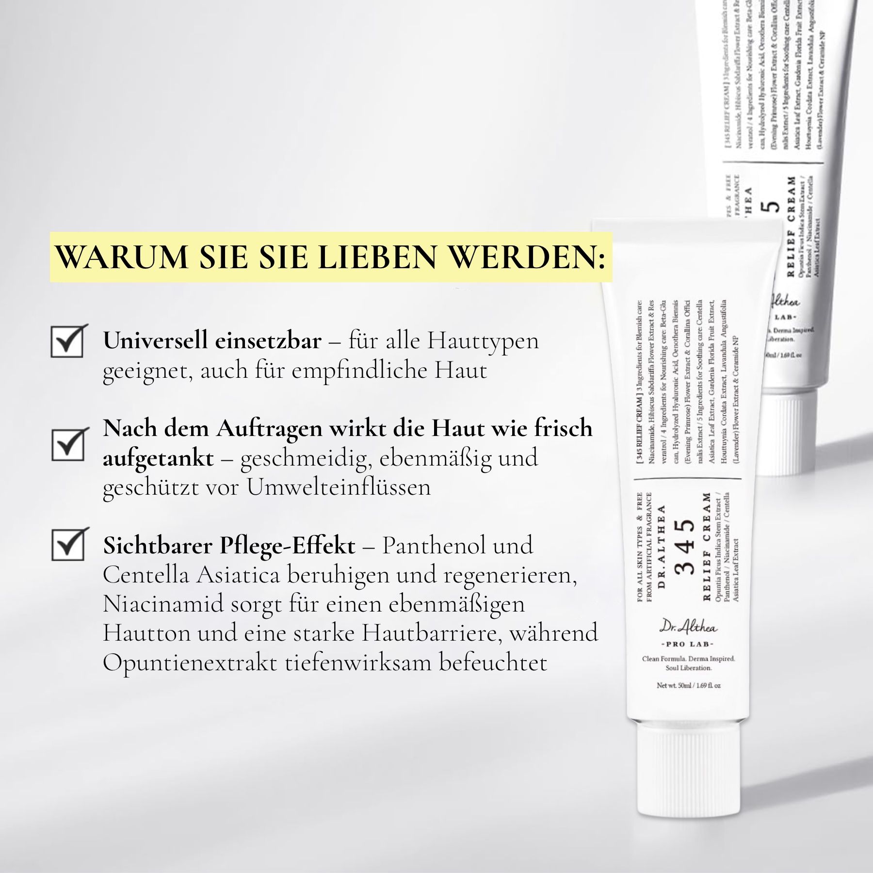 Twee tubes Dr. Althea 345 Relief Cream. Tekst: Universeel, werkt zacht, beschermt tegen invloeden van buitenaf.