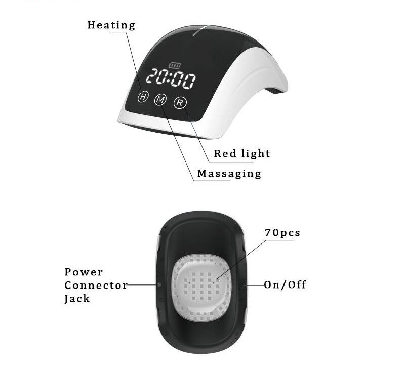Knie-massageapparaat, zwart-wit, met bedieningspaneel. Display: 20:00. Labels: Heating, Massaging, Red light. 70pcs.
