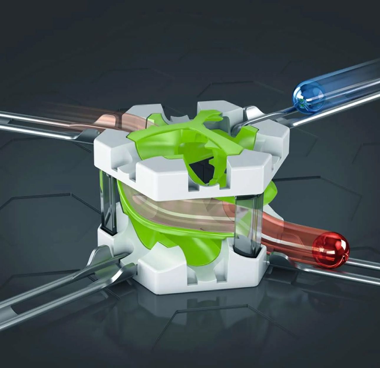 Helix-uitbreiding. Wit, groen en transparant onderdeel. Blauwe en rode kogelbaanelementen. Detailweergave op grijze achtergrond.