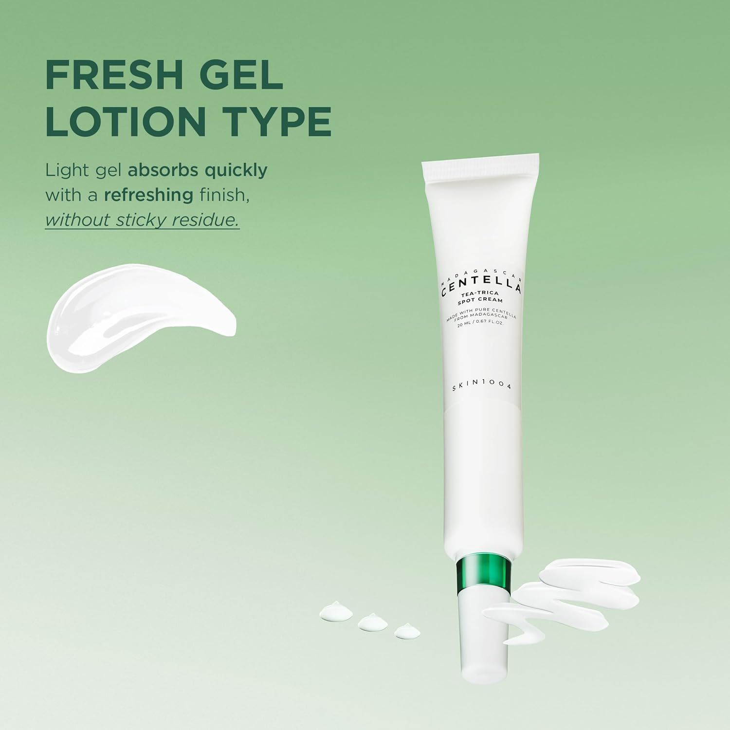 Witte tube met groene dop. Op de tube staat SKIN1004. Daarnaast een klodder crème. Opschrift: Tea-Trica Spot Cream.