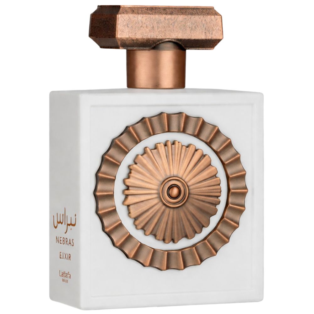 Flacon de parfum blanc avec décor cuivré. Inscription arabe et texte: Nebras Elixir, Lattafa.