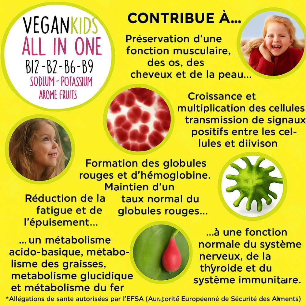 Fond jaune avec illustrations. Texte : Vegan Kids All In One. Contribue à diverses fonctions. Enfant avec bouche rouge.