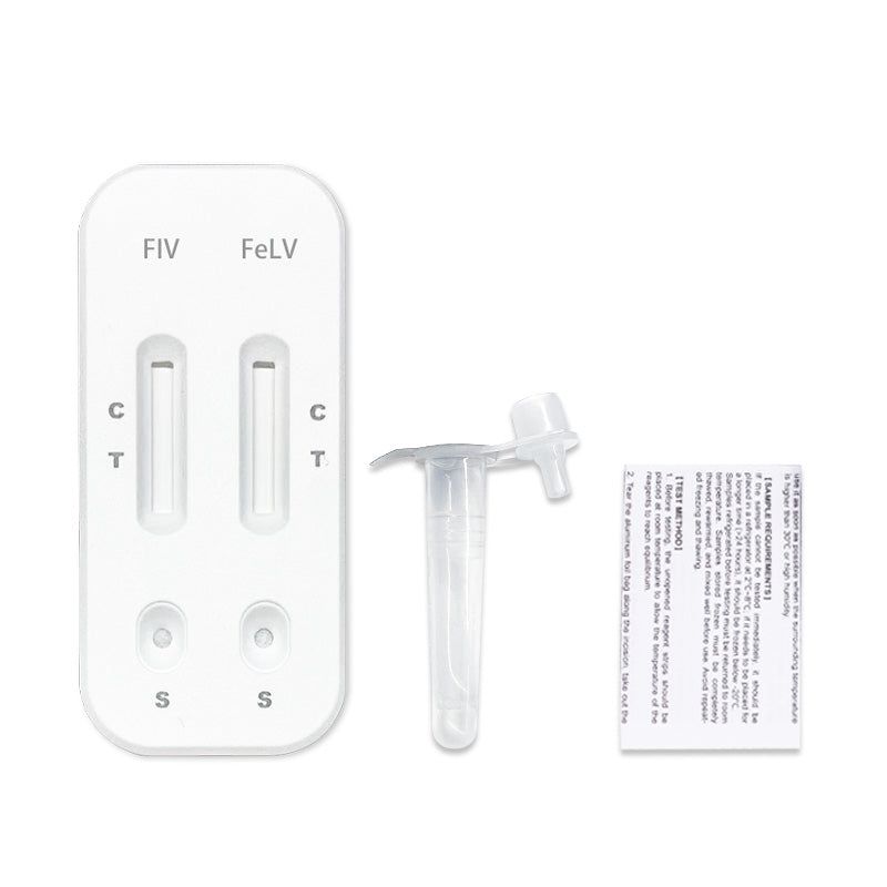FIV/FeLV sneltestkit voor katten: testcassette, monsterbuisje en instructies.