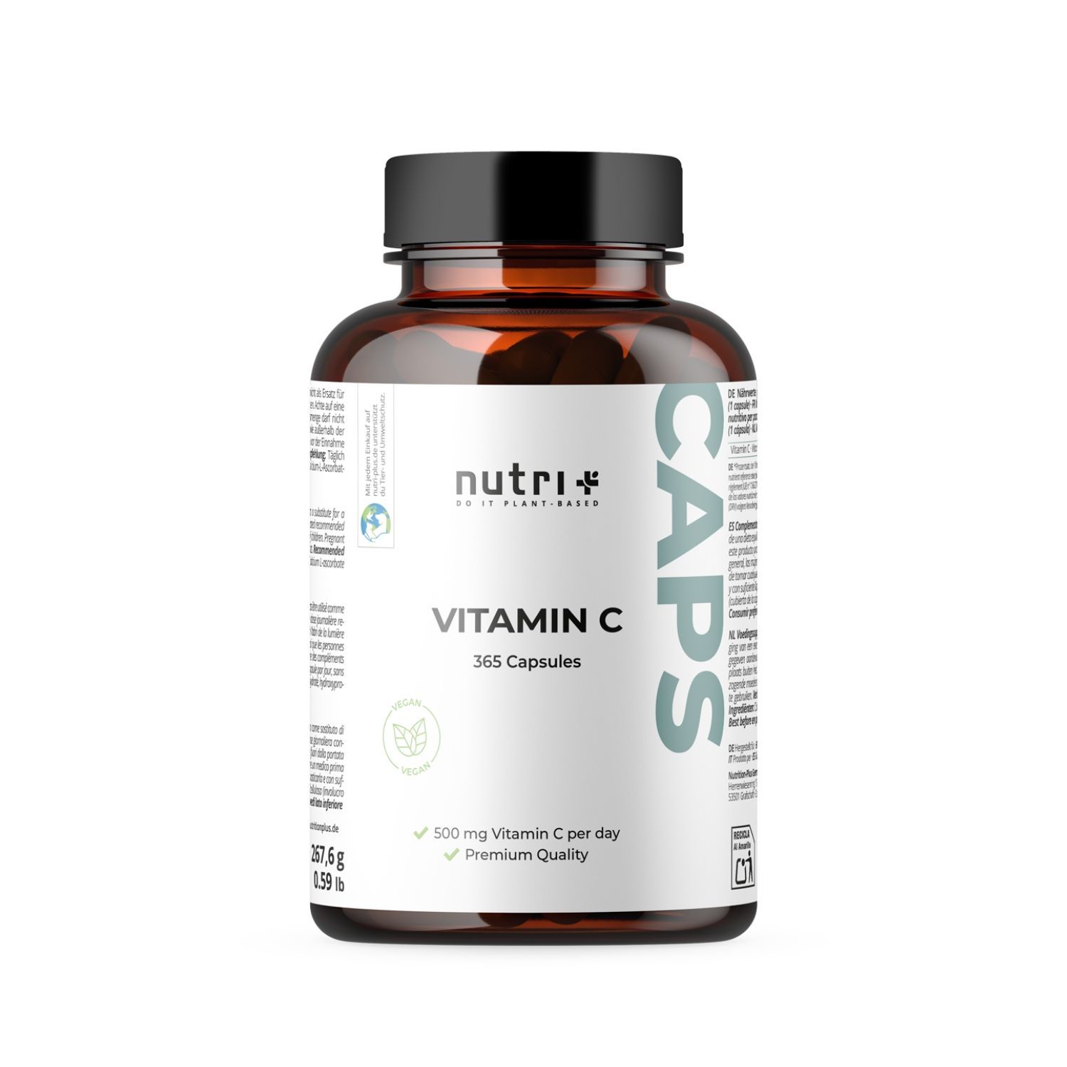 Bruine fles met zwarte dop. Opschrift: nutri+ Vitamin C, 365 capsules. Bevat 500 mg vitamine C per dag. Premium kwaliteit.