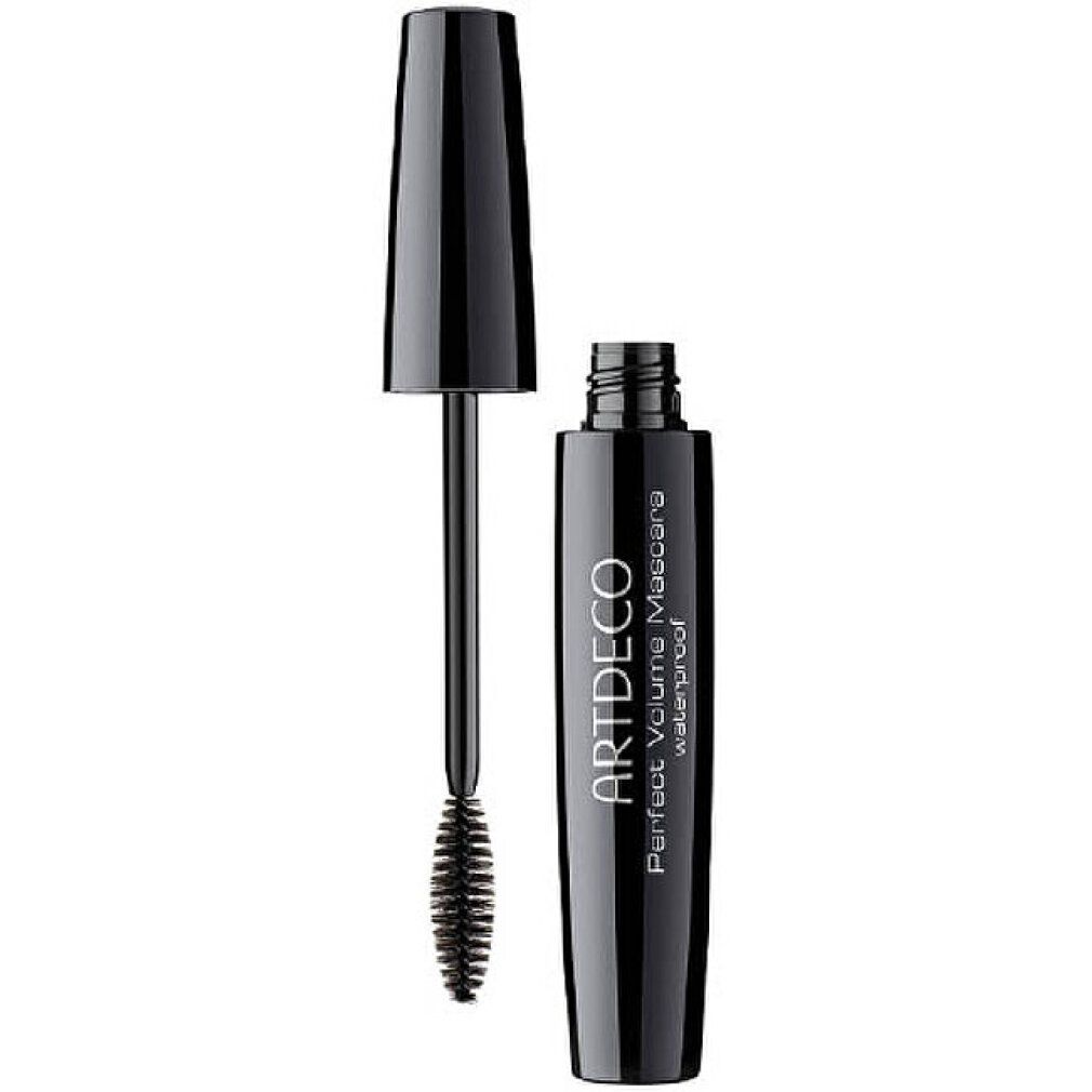 Geopende zwarte mascara-huls met borstel. Opschrift: ARTDECO Perfect Volume Mascara waterproof.