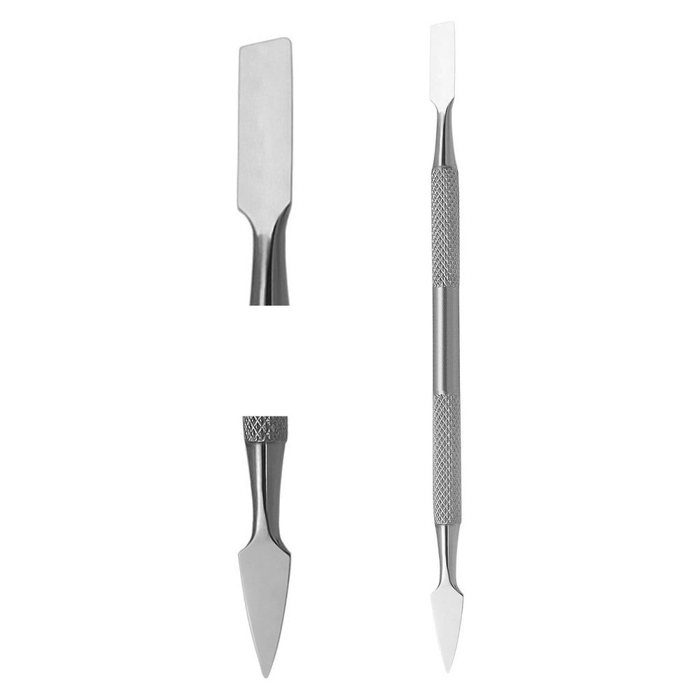 Instrument en acier inoxydable, double face. Manche moleté. Deux vues séparées des extrémités.