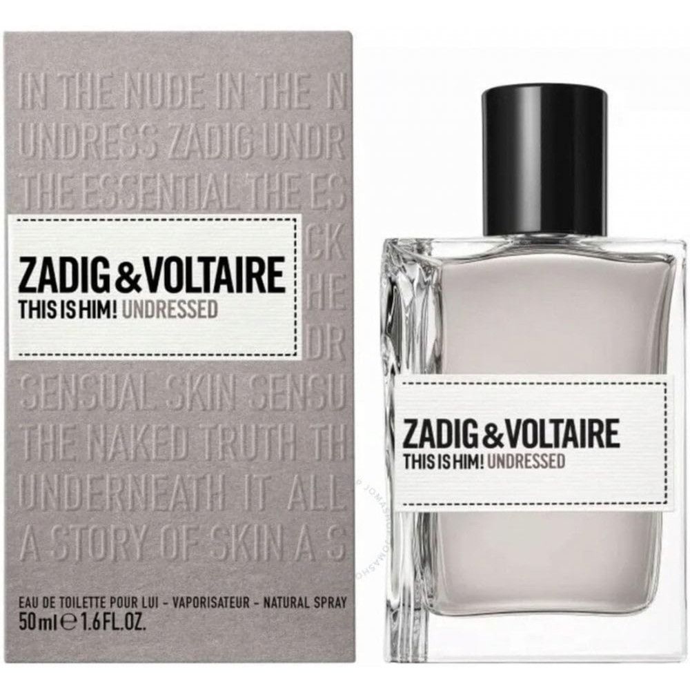 Zadig & Voltaire This is Him! Undressed EdT Nat. Spray. Fles en verpakking. Tekst op verpakking en fles.