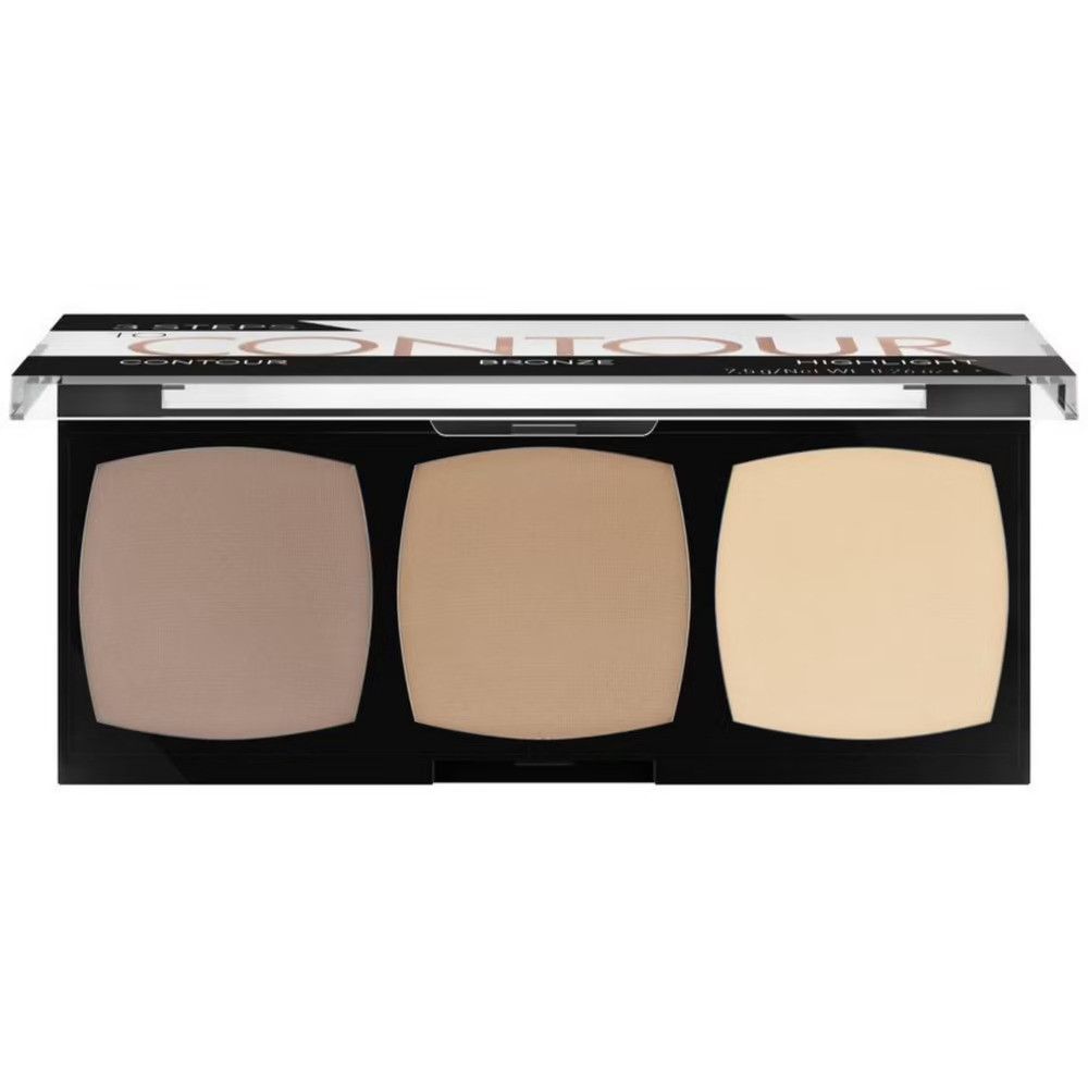 Palette de contouring avec trois teintes. Inscriptions : Contour, Bronze, Highlight. Palette noire avec couvercle transparent.
