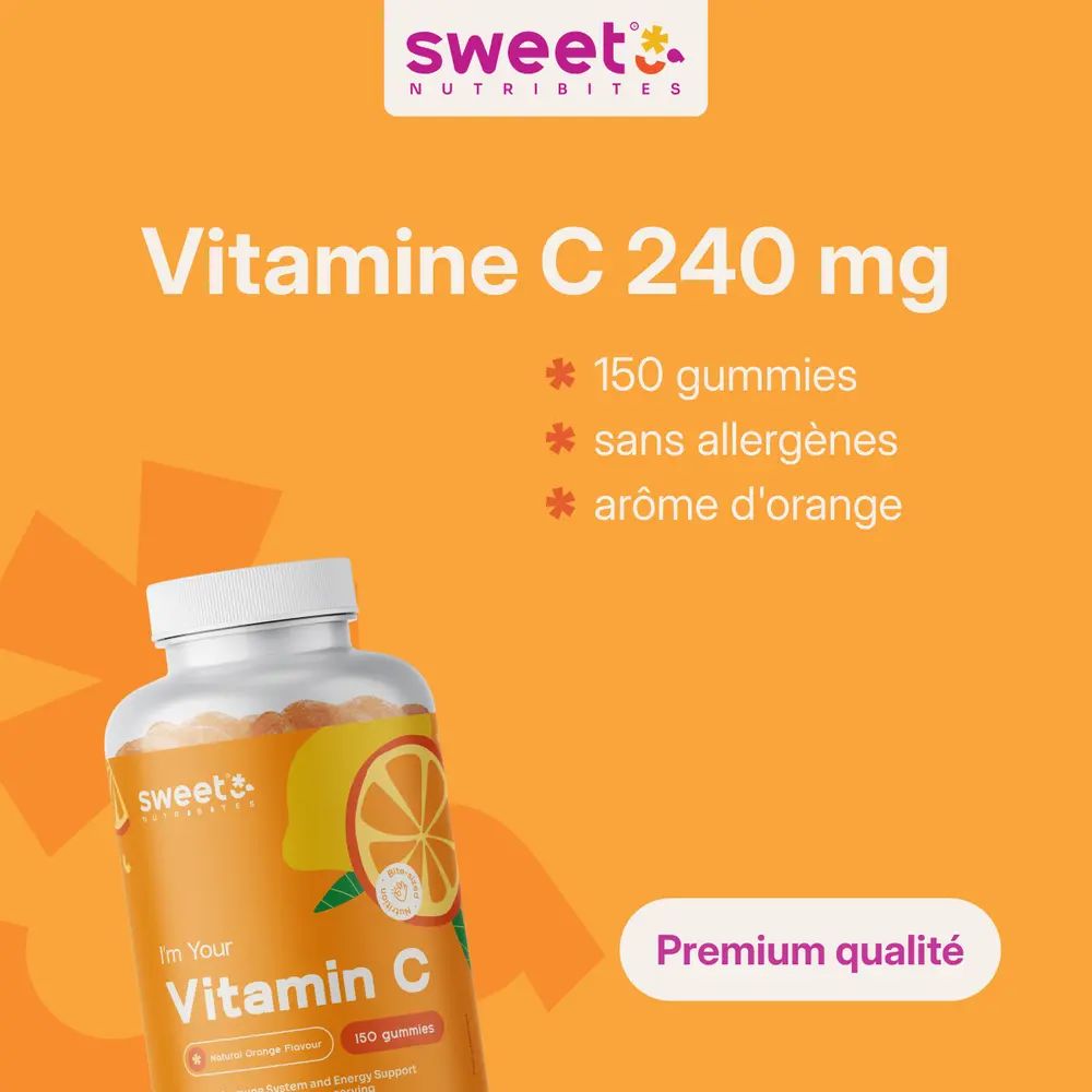 Vitamine C 240 mg, 150 gummies, sans allergènes, arôme d'orange. Flacon de gummies. Qualité premium.