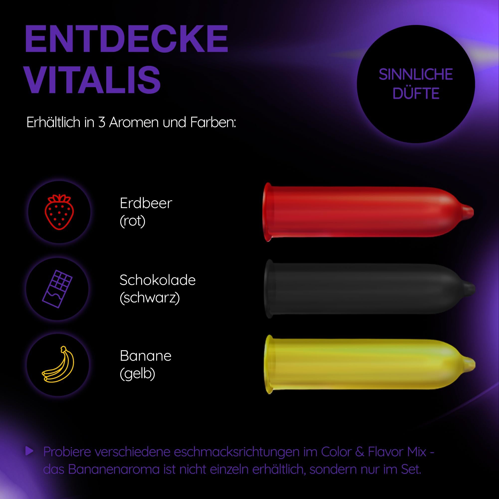 Préservatifs Vitalis : Fraise (rouge), Chocolat (noir), Banane (jaune).