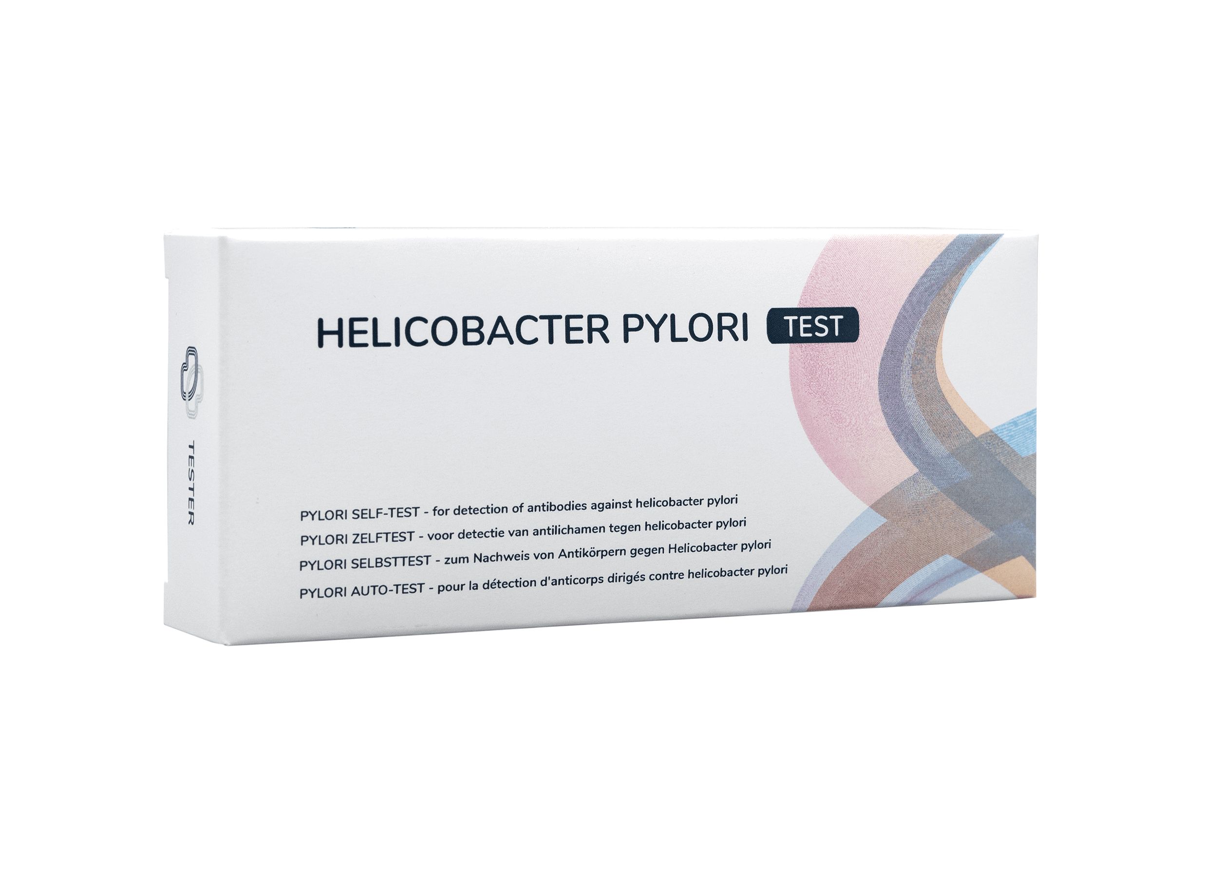 Emballage du test rapide Helicobacter Pylori avec nom du produit et descriptions d'utilisation multilingues.