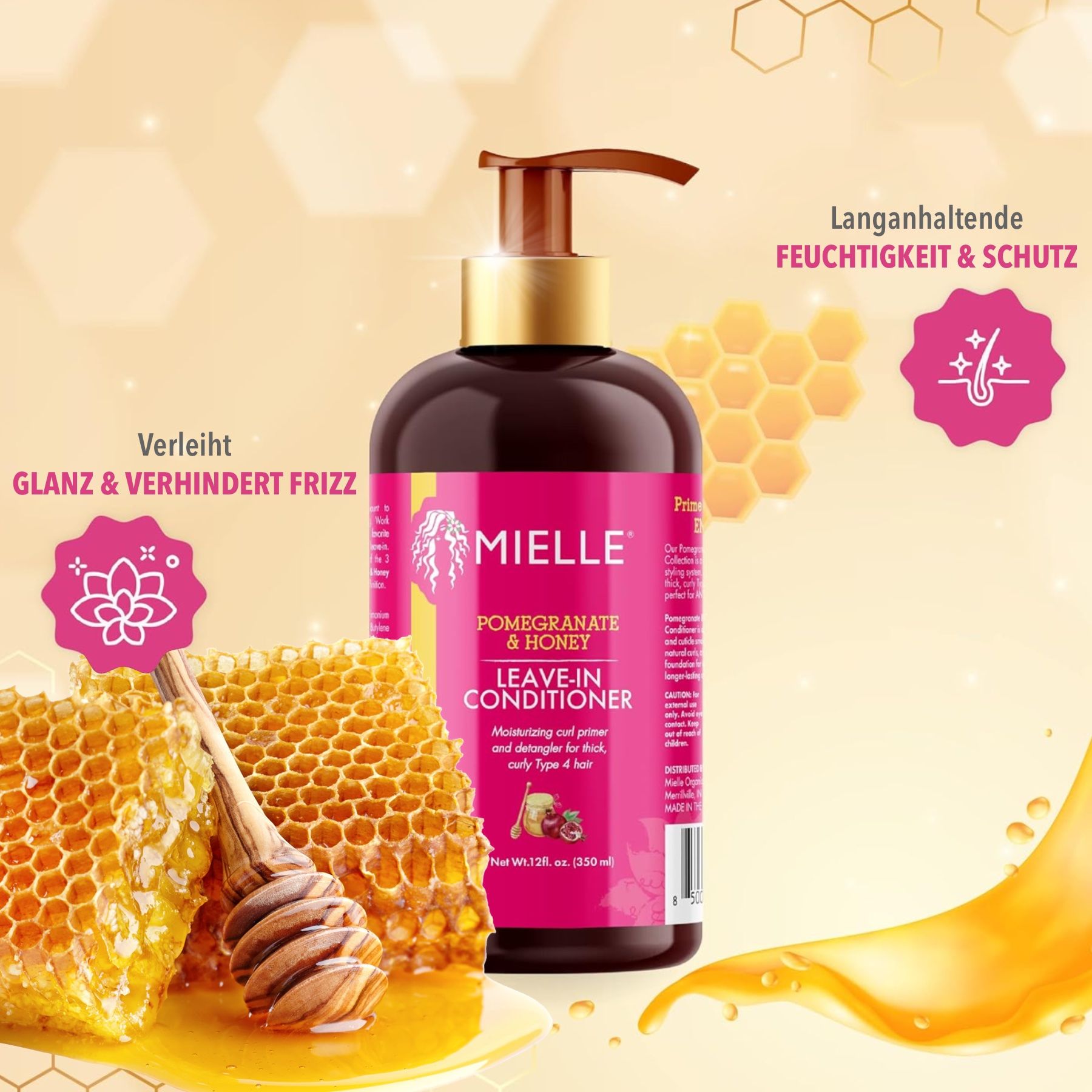Mielle Organics Leave-in Conditioner. Flacon avec pompe. Pomegranate & Honey. Nid d'abeilles et texte.