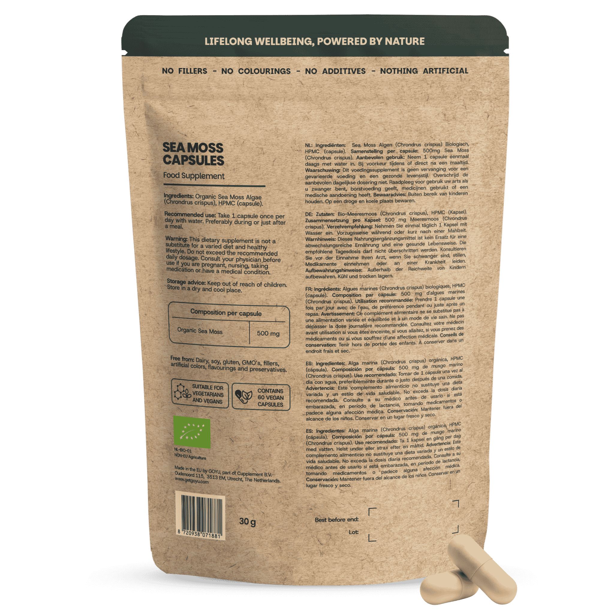 Dos de l'emballage des gélules GOYU Sea Moss avec liste des ingrédients et sceaux.